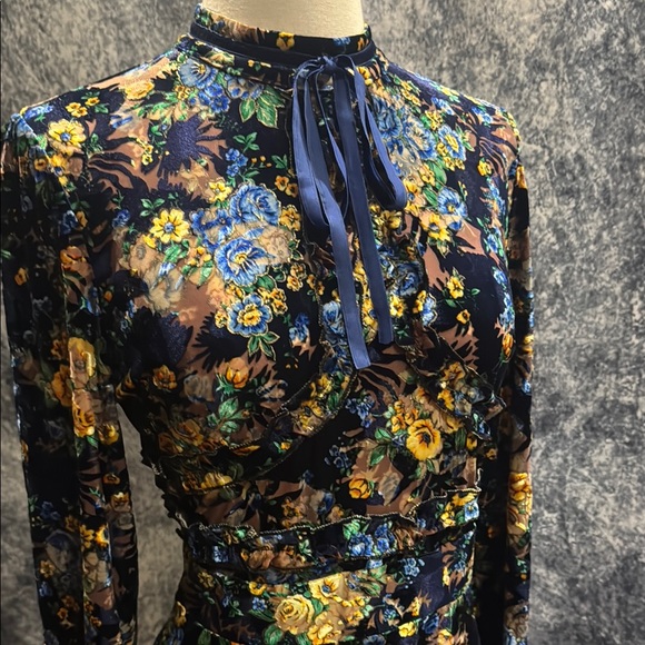 Dalia MacPhee Blue Velvet Floral Dress with Long Sleeves - Picture 2 of 7
